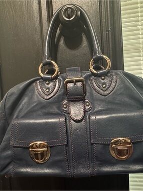 Marc Jacobs Venetia Navy Calfskin Leather/ Red stitching Double-Front Satchel